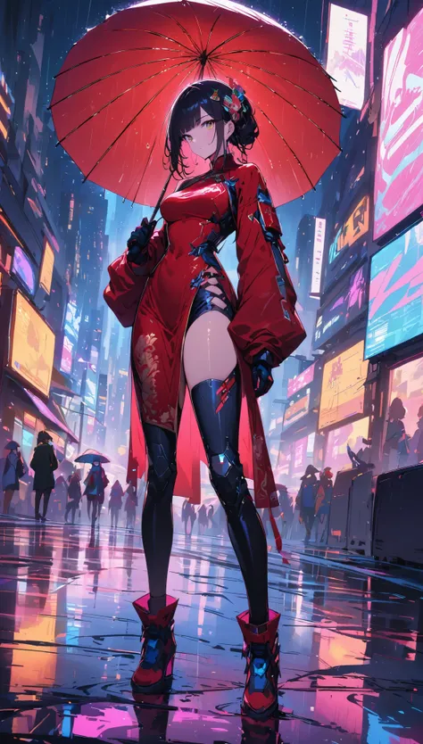 (best quality), (super fine), (masterpiece), illustration, 一个女孩china costume賽博朋克, (holding an umbrella)，（cyberpunk，china costume...