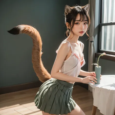 Girl with a furry tail ,赤狐のようなtail, tail, collared shirt,table top, 最high quality, figure, Ultra-detailed, finedetail, High resolution, 8k wallpaper, 完璧なダイナミックな構figure, Beautiful detailed eyes,Full body shot，Show me your whole body、thin and transparent、lon...