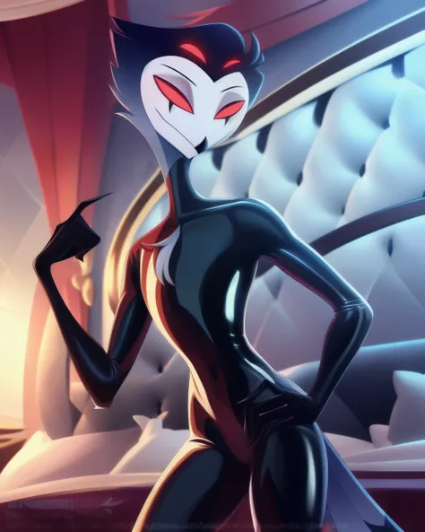 tanraak (style), ((masterpiece)), ((8k quality)), (no watermark), looking at the viewer, stolas, male, mouth closed, detailed bedroom, standing, one hand on his hip, other hand at his side, (solo:1.4), sleek, shiny latex suit