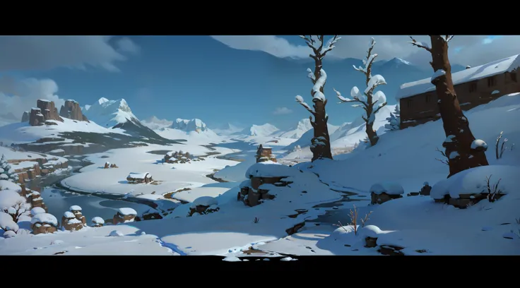 a close up of a snowy mountain with trees and rocks, snowy environment, painted as a game concept art, scenery game concept art, stylized concept art, winter concept art, snowy plains, 2 d game environment design, environment painting, background art, snow...