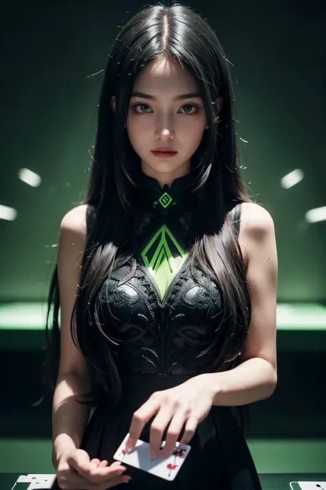 a long hair girl ,a line of many playing cards in gray rock and green neon, conrtneo, intricate details (vertically floating: 1,2) on a smooth black mirror surface, reflections, volumetric lighting, 8k uhd, ultra-sharp, ultra-detailed
