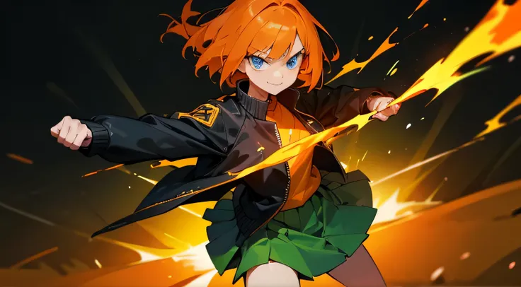 alone,bob cut, ,orange hair, blue eyes, Flame in the eyes, clenched fist, smug face, green skirt,floating,black jacket, yellow sweater, open jacket,School,best image quality,masterpiece,highest quality