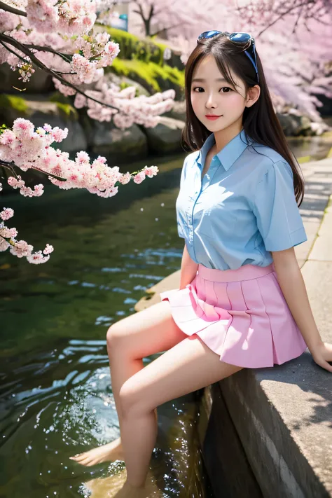 8K, Raw photo, highest quality, masterpiece, realistic, photo-realistic, clear, professional lighting, highest quality, ultra high resolution, 1 girl, cute high school girl、mini skirt、perfect face、cherry blossoms、Put your feet in the river
