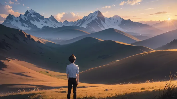 An anime boy with white shirt and black pant is standing in far distanse on grass and looking his back for watching the sun setting behind the mountains in middle of image and sky with clouds turned into orange