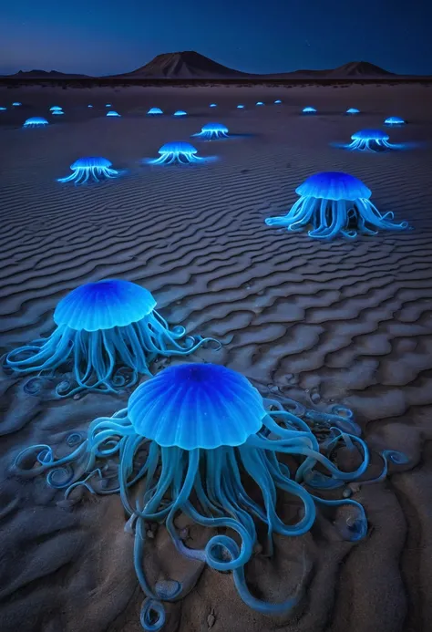 Medusas azules brillando flotando en un desierto por la noche