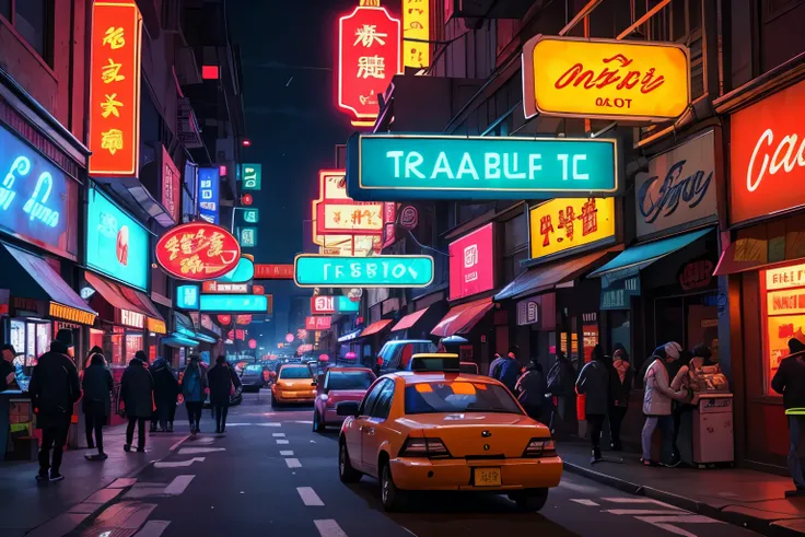 cars and taxis driving down a busy street at night, a picture by Emanuel Witz, pexels contest winner, digital art, neon lights everywhere, at night with neon lights, bright neon lights from the city, neon lights in the city below, neon lights all around, w...