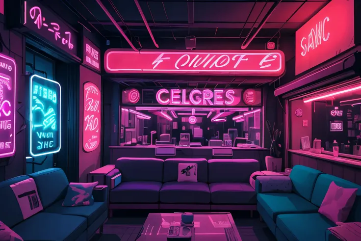 neon signs are displayed in a room with a couch and a table, neon signs, bright neon signs, with neon signs, colorful neon signs, neon ambiance, artificial neon light, neon art, neon ambient lighting, neon art style, dreamy soft neon lights, neon signs in ...