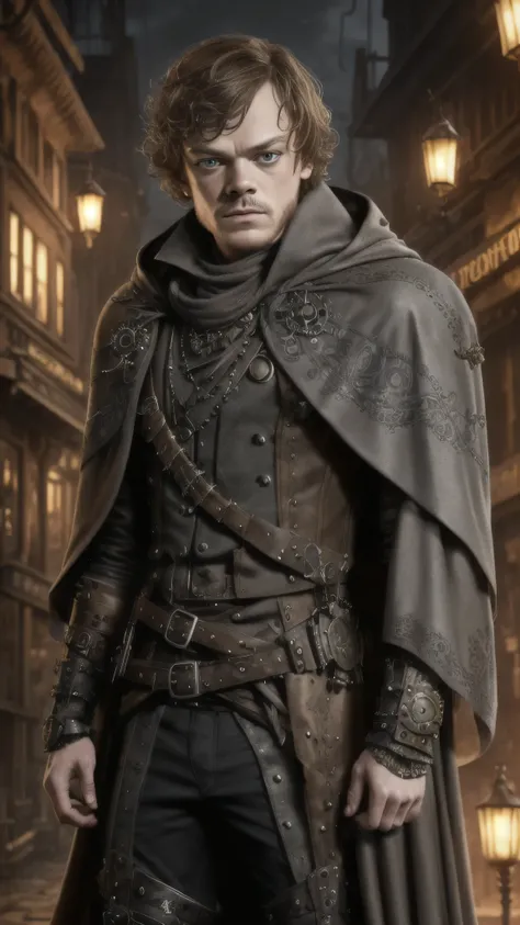 steampunkai, (Alfie Allen) as Theon Greyjoy, ((steampunk gray cloak)), ((steampunk crossbow)), standing on a steampunk street, 1man, solo, beautiful detailed glow, detailed, cinematic light, intricate detail, realistic, highres, detailed facial features, h...