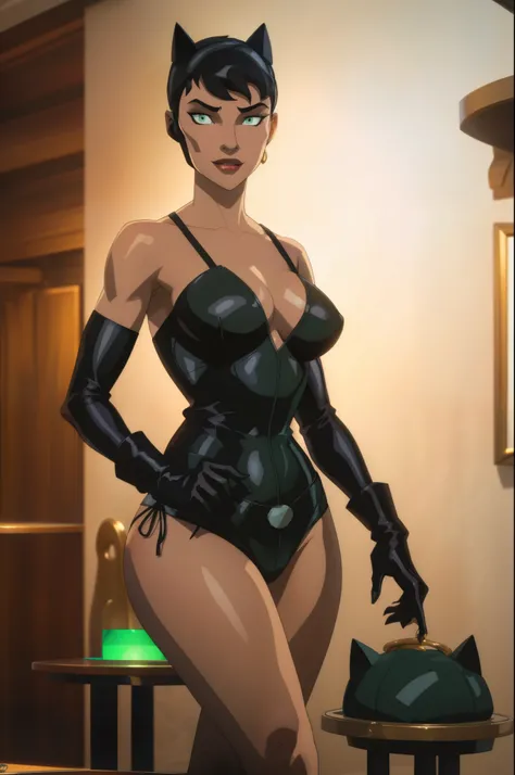 A captivating Catwoman figure, boasting generous assets, The velvety fabric of her black lingerie clings to her curvaceous figure, big breasts, cleavage. Her seductive green eyes gleam, a sly smile playing at the corner of her mouth. The intricate details ...