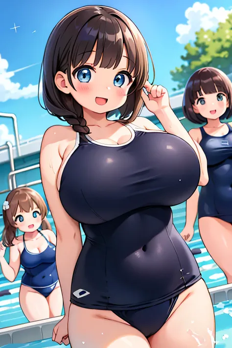 highest quality、High resolution、detailed background、masterpiece、cute10代の美少女、three women、navy blue school swimsuit、brown hair、bob cut、braided ponytail、それぞれcute編み込みヘアスタイル、(huge breasts:1.3)、realistic images、perfect body line、thick thighs、detailed face、
(Thre...