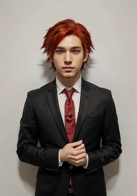 anime character with red and grey hair and a suit and tie, gapmoe yandere, in anime style, in an anime style, with red hair, anime style character, crimson red hair and red eyes, 2 d anime style, trigger anime artstyle, as an anime character, varguyart sty...