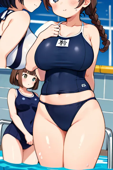 highest quality、High resolution、detailed background、masterpiece、cute10代の美少女、three women、navy blue school swimsuit、brown hair、bob cut、braided ponytail、それぞれcute編み込みヘアスタイル、(huge breasts:1.2)、realistic images、perfect body line、thick thighs、
(Super close-up sho...