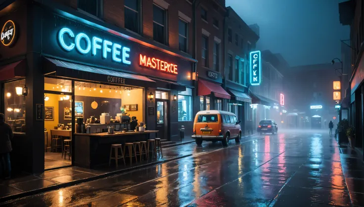 (cinematic photo of a fancy coffee shop in busy city street), ((neon sign at coffee shop window):1.3), ((coffee neon sign):1.2),...