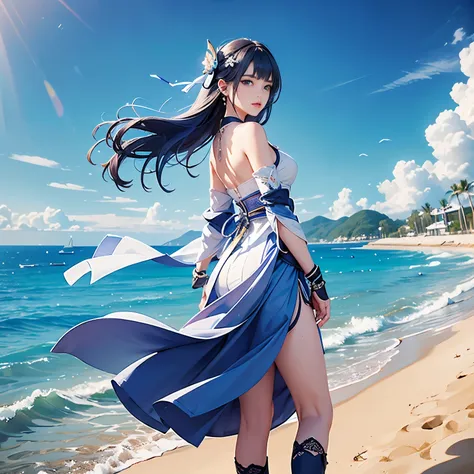 low angle,from below,(1girl),solo,(Raiden Shogun in Genshin Impact), ((masterpiece, highest resolution,best quality)), (beautiful illustration),(semi long beautiful dark blue hair),(beautiful blue eyes), (white beautiful elegant summer mini dress), (swimmi...