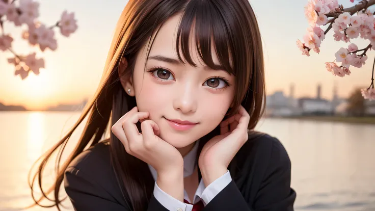 (1 young girl), calm expression, 15 years, (beautiful breasts), (big round eyes), brown eyes, (high school uniform:1.2), (highest quality), evening, very high resolution, close up face, smile, cherry blossoms, 