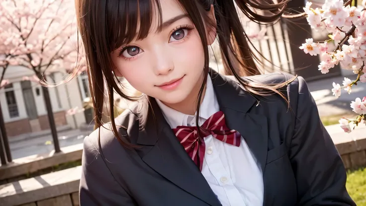 (1 young girl), calm expression, 15 years, (beautiful breasts), (big round eyes), brown eyes, (high school uniform:1.2), (highest quality), evening, very high resolution, close up face, smile, cherry blossoms, 