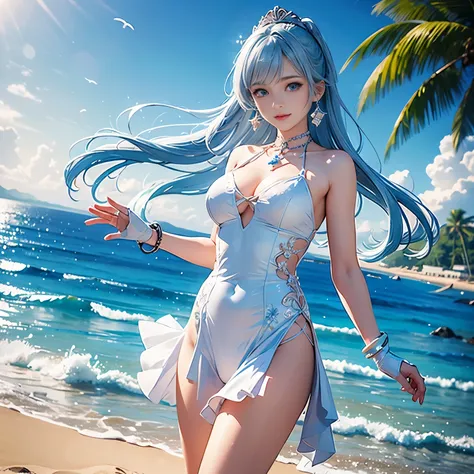 low angle,from below,(1girl),solo,(Kamisato Ayaka in Genshin Impact), ((masterpiece, highest resolution,best quality)), (beautiful illustration),(semi long beautiful silver blue hair),(beautiful blue eyes), (white beautiful elegant one piece swimsuit), (sw...