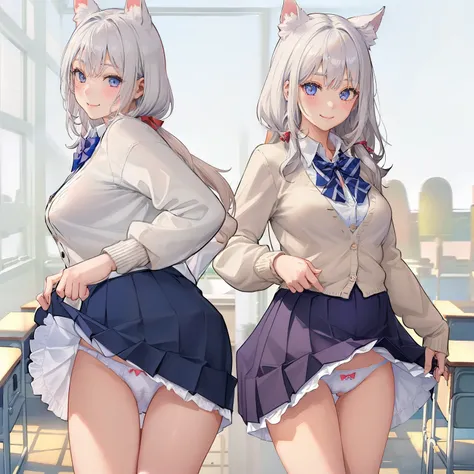 ((1 girl:1.5))、(smile:1.5)、、（cowboy shot）、(fun!!)、(white cardigan:1.5)、(dog ears)、(silver hair)、blush、(long hair)、(eye highlights:1.3)、blake black shoes,(黒いskirt:1.5)、bow, button, shirt with collar, long sleeve,  ((red bow tie, ,, white shirt, チェック柄のskirt:...