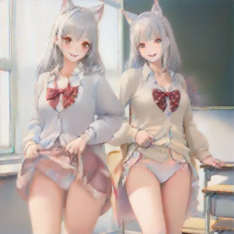 ((1 girl:1.5))、(smile:1.5)、、（cowboy shot）、(fun!!)、(white cardigan:1.5)、(dog ears)、(silver hair)、blush、(long hair)、(eye highlights:1.3)、blake black shoes,(黒いskirt:1.5)、bow, button, shirt with collar, long sleeve,  ((red bow tie, ,, white shirt, チェック柄のskirt:...