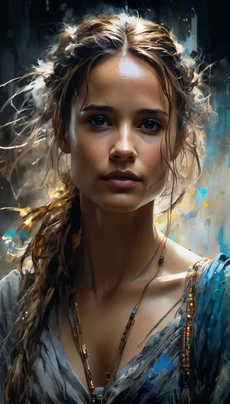 (Alicia Vikander:Elsa pataky), powerful sorceress,tribal tattoo, messy hair, Full body, Beautiful anime waifu style girl,hyperdetailed painting, luminism, art by Carne Griffiths and Wadim Kashin concept art, dark background, abstract beauty, approaching pe...