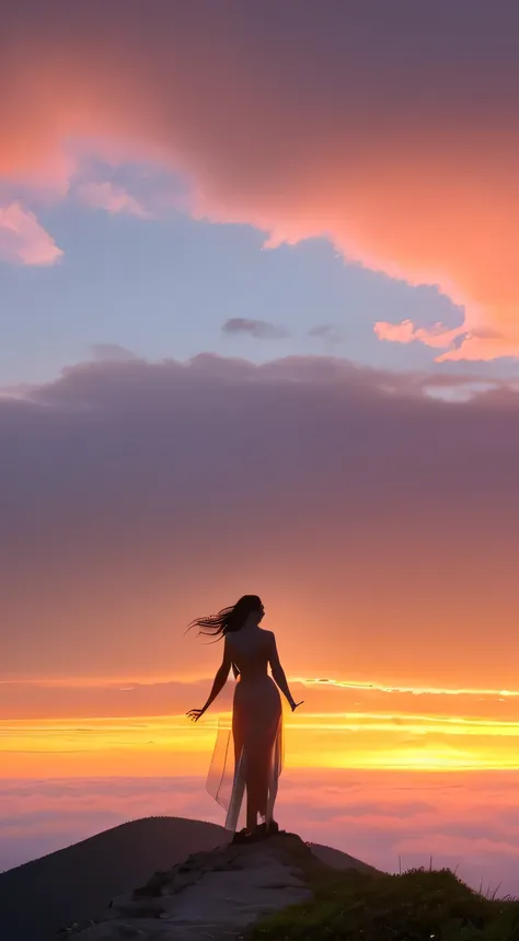 goddess on top of mountain，looking at the sunset，watch sunset，Look at the sea of clouds，unparalleled views，