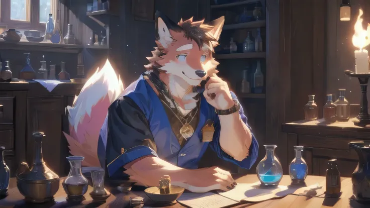 middle Ages, Anthropomorphic fox, good condition, pink fur, alone, (Exquisite details), white, Smile, perfect eyes，Handsome, young, OK, Wearing a white research gown, alchemy, Potion, Potion室背景, canine, male, giggle, (Slim, muscular, exquisite eyes),  Shy,...