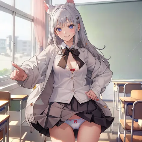 ((1 girl:1.5))、(smile:1.5)、、（cowboy shot）、(fun!!)、(white cardigan:1.5)、(dog ears)、(silver hair)、blush、(long hair)、(eye highlights:1.3)、blake black shoes,(黒いskirt:1.5)、bow, button, shirt with collar, long sleeve,  ((red bow tie, ,, white shirt, チェック柄のskirt:...