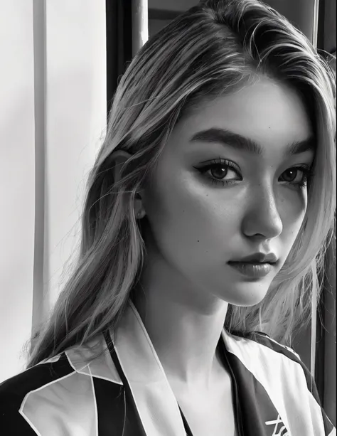 b&w, instagram photo, portrait photo of 26 y.o Gigi hadid, Asian,perfect detailed eyes, natural skin, hard shadows, city