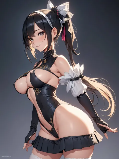 all intricate details: (realistic human, sarashi, haori, fingerless gloves, lift miniskirt holgada, gloves, japanese very short clothes, thighhighs, white thighhighs, pleated skirt, ponytail, chest sarashi, black gloves, hairband, cowboy shot, ribbon, wide...