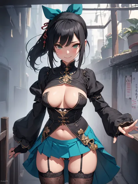 all intricate details: (realistic human, sarashi, haori, fingerless gloves, lift miniskirt holgada, gloves, japanese very short clothes, thighhighs, white thighhighs, pleated skirt, ponytail, chest sarashi, black gloves, hairband, cowboy shot, ribbon, wide...