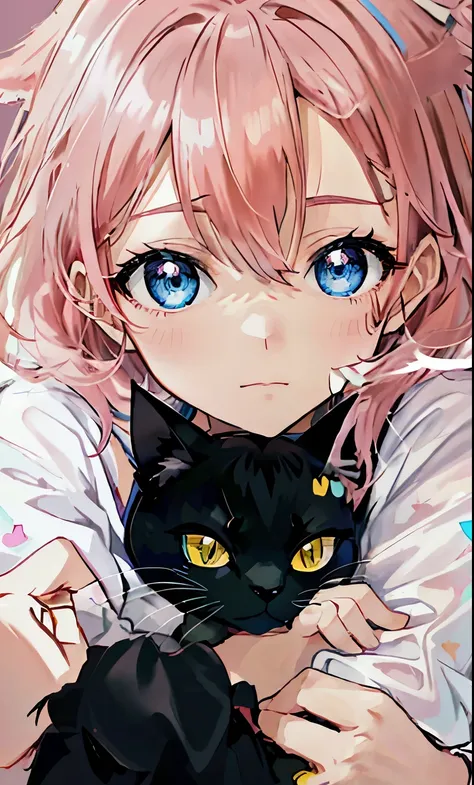 anime girl with pink hair and blue eyes hugging a black cat, beautiful anime catgirl, cute anime catgirl, anime girl with cat ea...