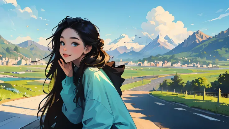 ((masterpiece)),(((bestquality))),((ultra-detailed)) realisticlying, 1 girl, Beautiful, black long hair, happy, The sky morning, looking to viewer, soft green, city, road, mountain. sky blue.