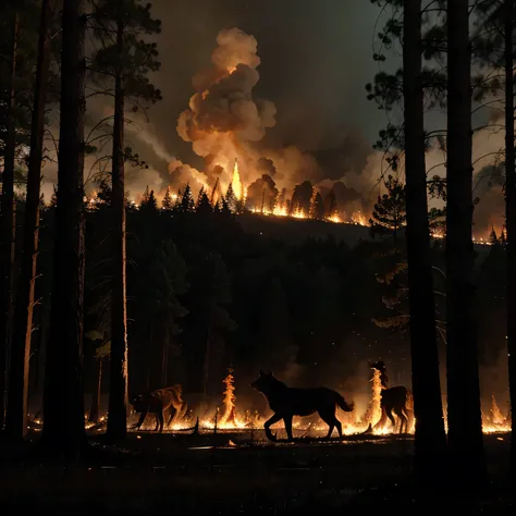 Wolves running away from a big forest fire that is all around them at night 