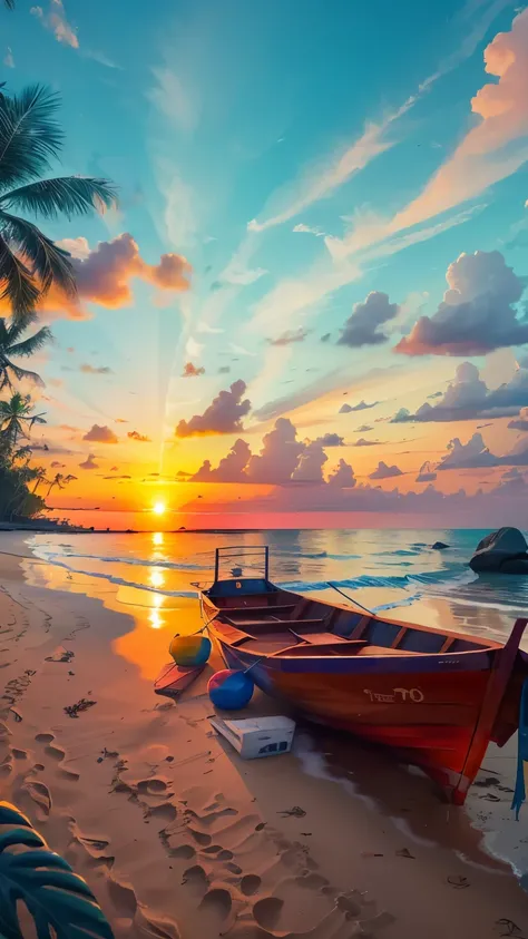 Create a 4K 9:16 image that depicts a stunning sunrise on a tropical beach, small boat, with gentle waves and palm trees along the coast. The color palette should be vibrant and convey a sense of renewal and positive energy.