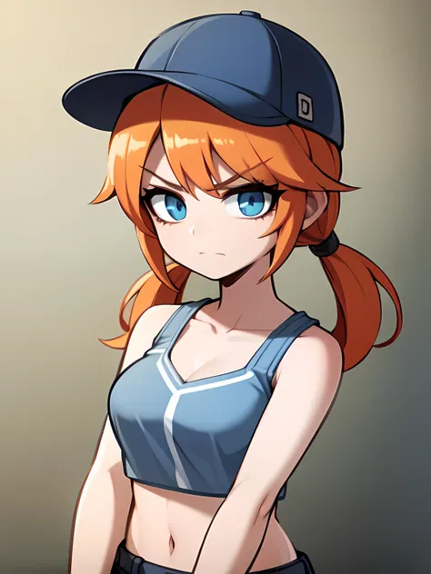 1 girl,One,upper body,I look at the viewer,facing the viewer,low ponytail,orange hair,Blue eyes,split bangs,red hairstyle,Grey Crop Top,denim shorts,green baseball cap,Hair pulled back,wicked