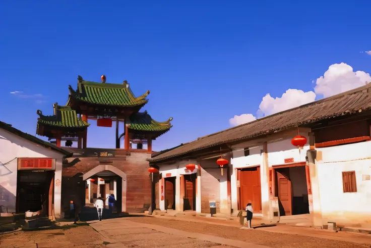 Torii in a Chinese village，Chinese village with lanterns, baotou china, background, Ancient Chinese architecture, Chinese traditions, Tang Palace, Chinese architecture, Baishi ancient city, ruanjia, ,Chinese style architecture, nanquan, ancient building, A...