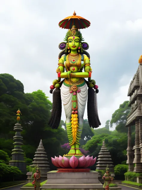 arafed statue of a woman with a umbrella in the middle of a jungle, attractive male deity, hindu god, trees, jungle, indian god, indian goddess of wealth, vishnu, mantis head god temple, a massive celestial giant god, cybertronic hindu, religious sculpture...