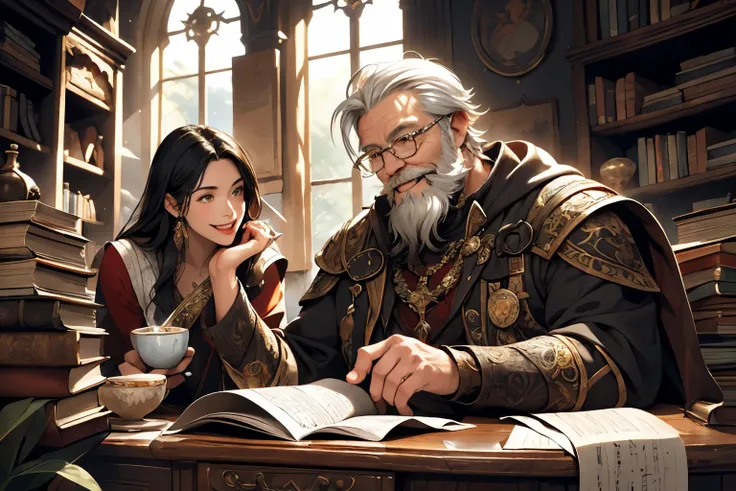 A whimsical illustration inspired by the Baroque era, featuring a girl with long, flowing black hair engaging in conversation with an old man with a white beard and long hair in a fantasy RPG setting. They are surrounded by a table filled with ancient docu...