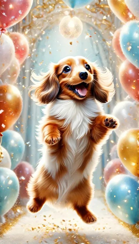 ((miniature dachshund with fluffy white fur playing),dance,please raise your hand in front of me,jump,open your mouth,indoor,mas...