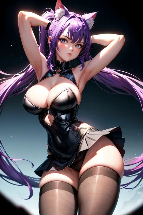 A captivating girl clad in black pantyhose graces the animation frame, her undergarments subtly peeking from beneath her skirt. With a mesmerizing allure, she sports a pair of cats ears atop her vibrant purple hair, styled into two elegant ponytails. In 3D...