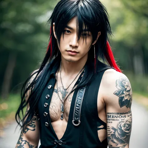 1 man, male, Japanese man, Visual Kai hairstyle, ultra detailed face and body, hyperrealistic, realistic representation, muscular, broad shoulders, tattoos gothic style, piercings, Visual Kei style, hairstyle Visual Kei, black, long hair, 30 years old, age...