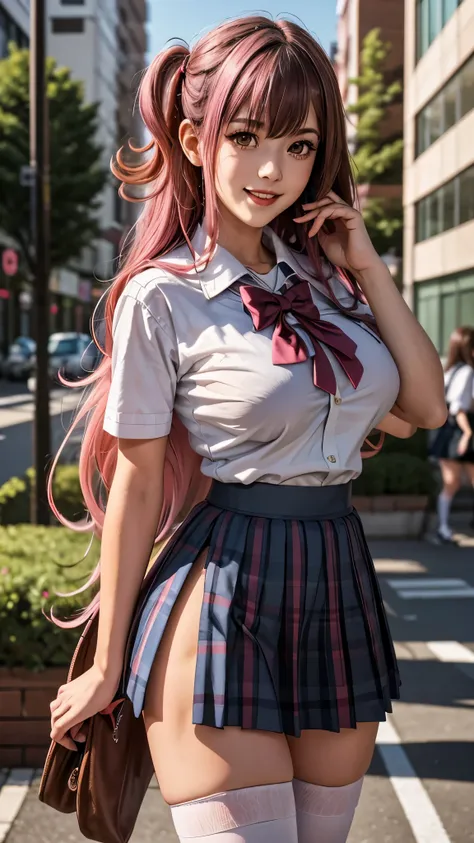 long pink hair, cute Harajuku-inspired school girl uniform school girl skirt and white thigh high socks, moonlight eyes, smilling, red lips, accentuated super huge enormously gigantic tits, cleavage showing, 8k, super-details, making a cute sexy seductive ...