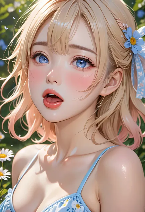 1 girl, alone, elegant hair (whole body: 1.1), (looking at the audience: 1.1), young african boy, tight little bikini, Wild flowers swaying in the breeze, Movie , Sweet_Lolita, best quality, masterpiece, blond, blue eyes. Open your Mouth,,Exquisite Mouth,(...