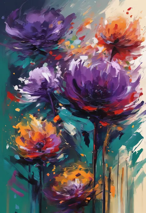 Paint an abstract flower painting., dark green dahlia、Use acrylic paint、abstract artist known for his unique use of acrylic pouring, real brush strokes，Aesthetic composition，simple style, powerful, wide brush stroke、passionate anger or passion、Create capti...