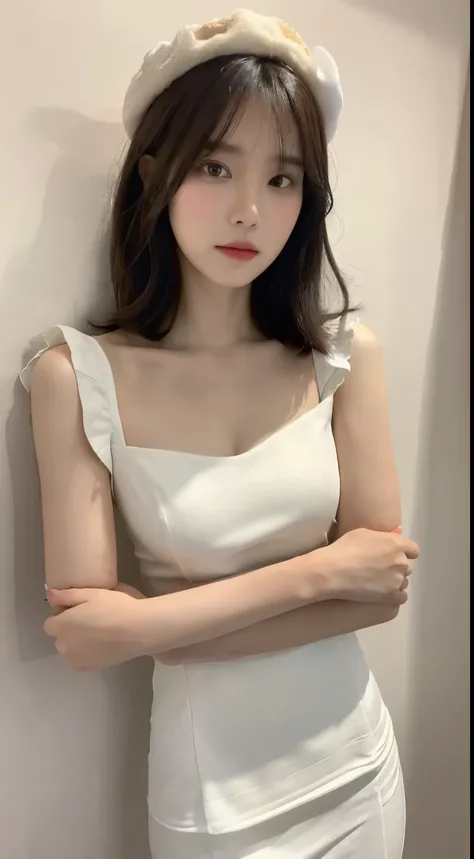 ((Best Quality, 8K, Masterpiece: 1.3)), (Flower Cap: 1.3), (Layered Haircut: 1.2)), (Dark Street: 1.3), Highly Detailed Face and Skin Texture, Full Body, Delicate Eyes, Double Eyelids, Whitened Skin, Long Hair, (Round Face: 1.5), (white dress, slight explo...