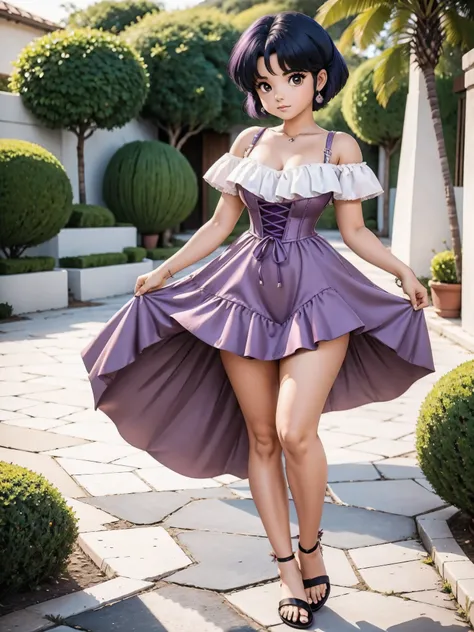 garota anime de cabelo escuro com saia vestido longo purple meio transparente e espartilho, 16 anos, corpo bonito, seios grandes...