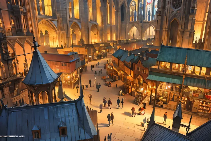 Top-down view of a fantastical medieval RPG country, with soaring gothic cathedrals, winding cobblestone streets, lively marketplaces bustling with merchants and adventurers