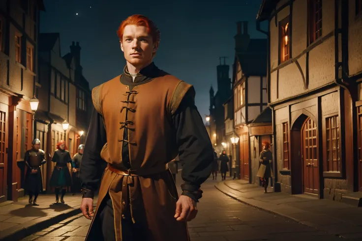 England, 1348. ((((32-year-old)) Merthin Fitzgerald)), handsome, athletic, in the city street, at nighttime, with a torch. ((((clothings from the 1340s)))), ((redhead hairstyle of the 1340s))