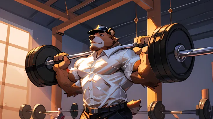 Very muscular Bear, veiny muscle, glistening skin, wearing safety helmet, thick glove, white shirt, black trousers, doing workout on gym, Weightlifting,  8k resolution, realism, vibrant color, bird view angle,