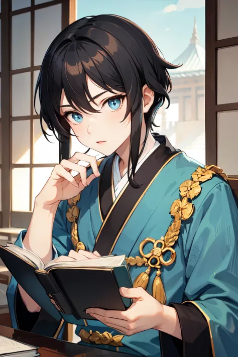 light blue pupil,man,book,black hair,Three Kingdoms,Munsabok,ancient times,youth